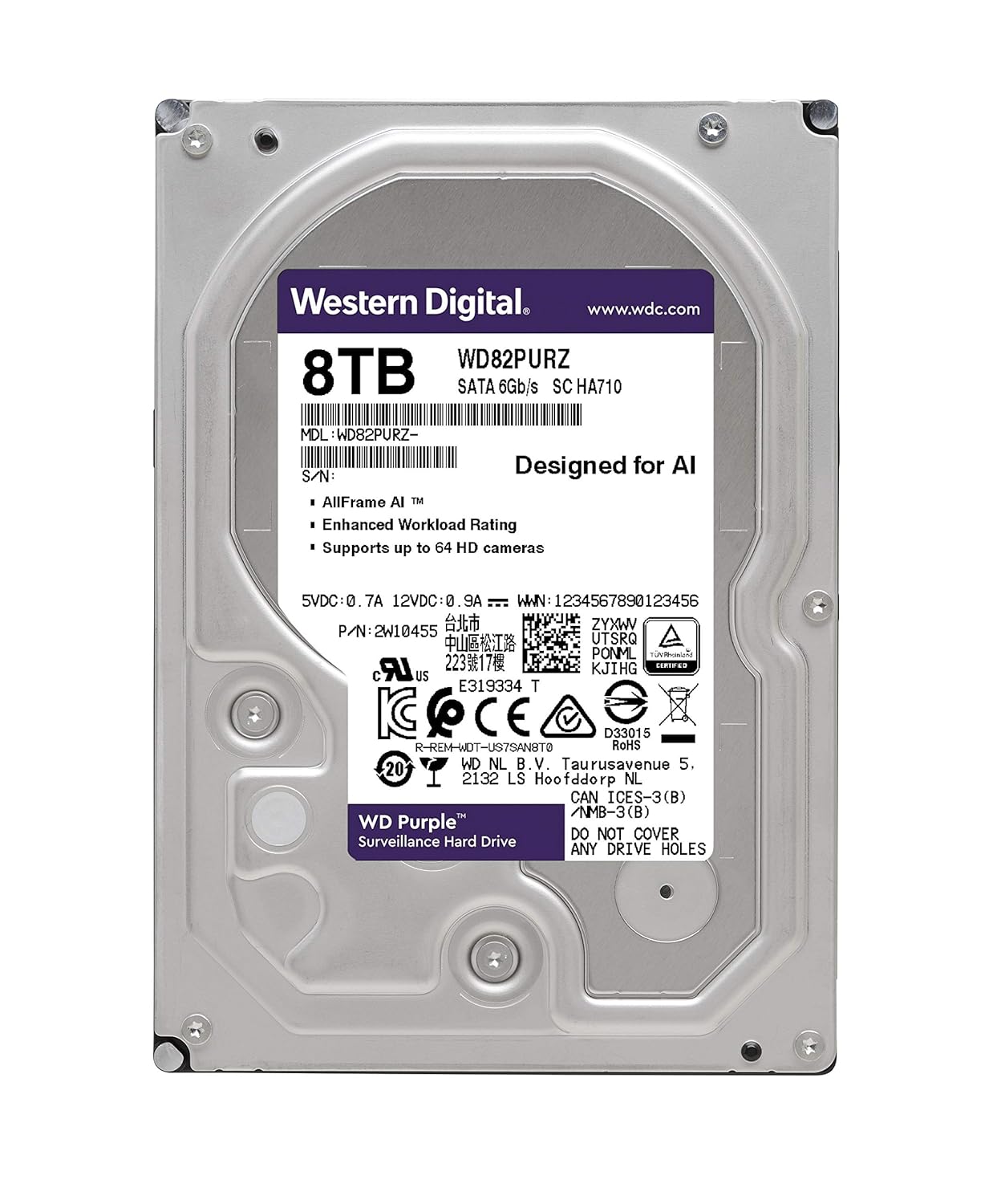 WD Purple 8TB Surveillance Hard Drive SATA 110MB/s 64HD CMR 3-Year Warranty