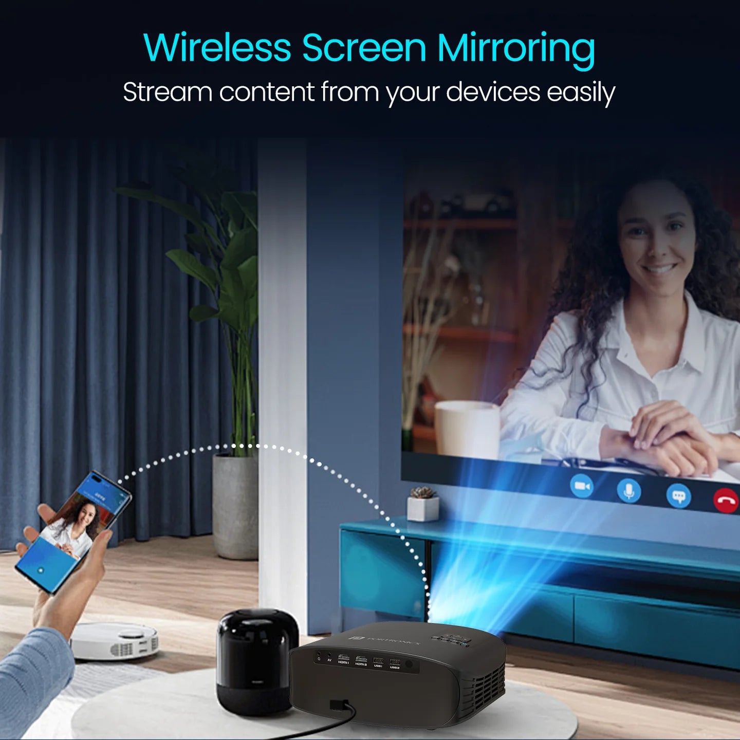 PORTRONICS Beem 490 6000 Lumens Smart Led Projector | Streaming Apps | 1080p Full HD | 6000 Lumens | 5W Speaker