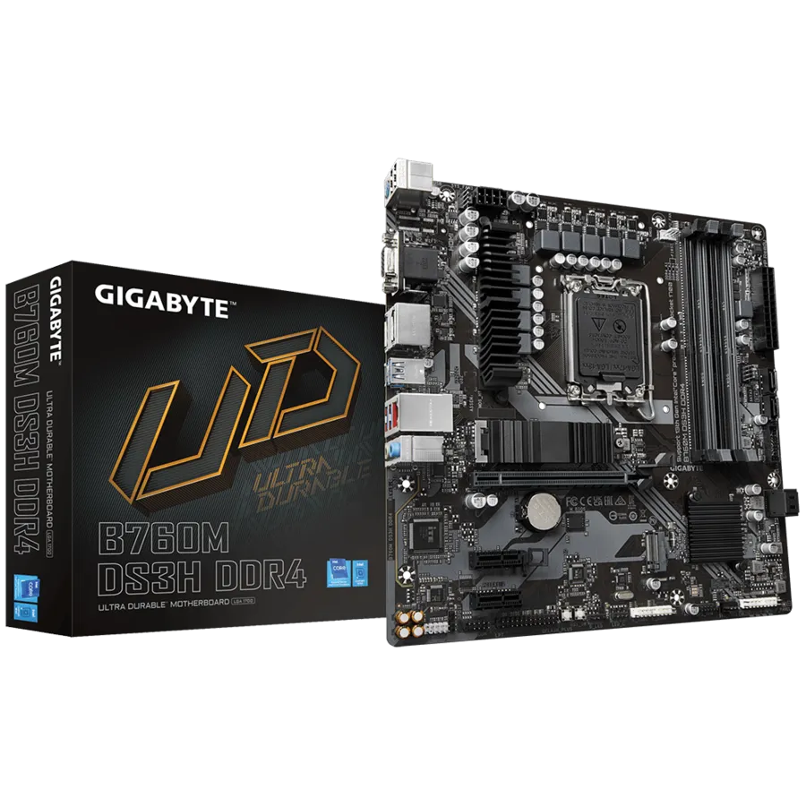 GIGABYTE B760M DS3H Micro ATX Motherboard with PCIe 4.0, USB 3.2 Gen 2, supports 14th, 13th, and 12th Gen Intel CPUs