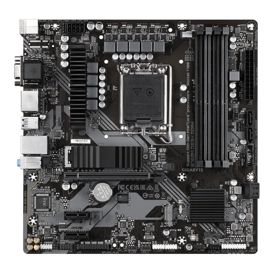 Gigabyte B760M DS3H DDR4 Micro ATX Motherboard with Intel B760 Express Chipset, 4 x DDR DIMM sockets, and PCIe 4.0 support.