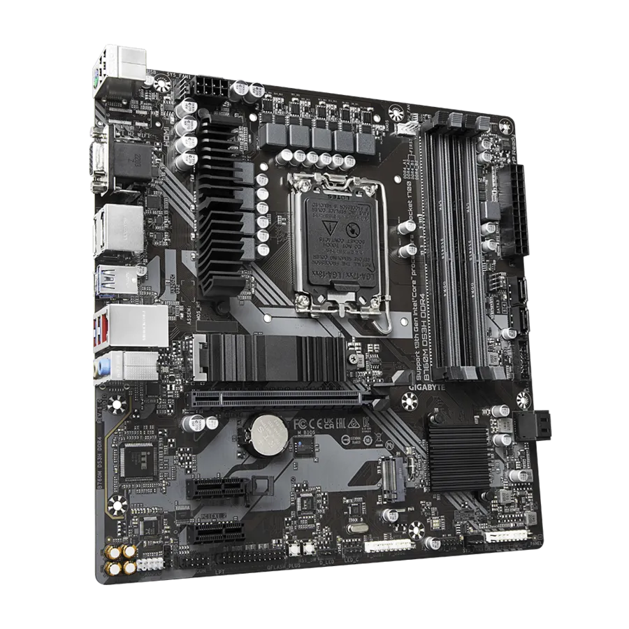 Gigabyte B760M DS3H DDR4 Micro ATX Motherboard with Intel B760 Express Chipset, 4 x DDR DIMM sockets, and PCIe 4.0 support.