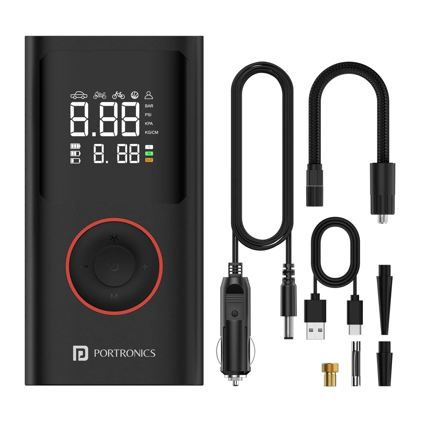 PORTRONICS Vayu Portable Tyre Inflator | Pre-set Inflation Modes | Digital Display | Dual Power Source | 2 x 2000 mAh Battery
