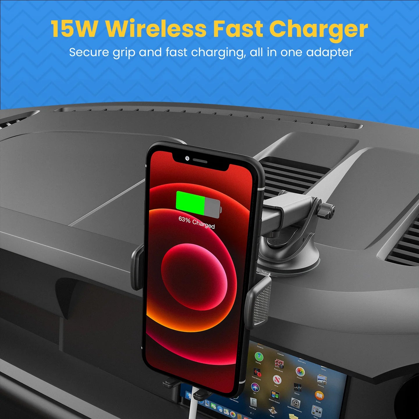 PORTRONICS Charge Clamp 3 15w Mobile Holder with Wireless Charging | 15-Watt Qi Charging | Type-C Input | LED display light | Sturdy & Secure Grip