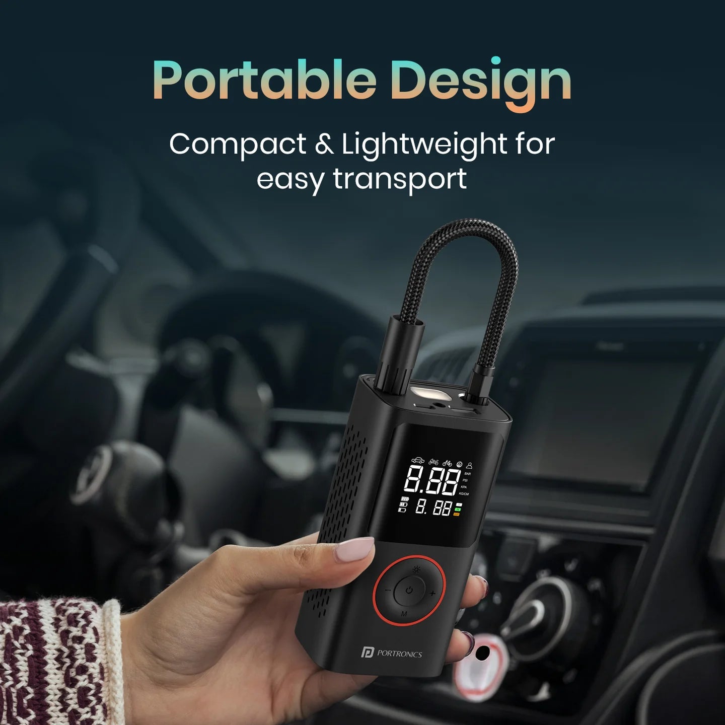 PORTRONICS Vayu Portable Tyre Inflator | Pre-set Inflation Modes | Digital Display | Dual Power Source | 2 x 2000 mAh Battery