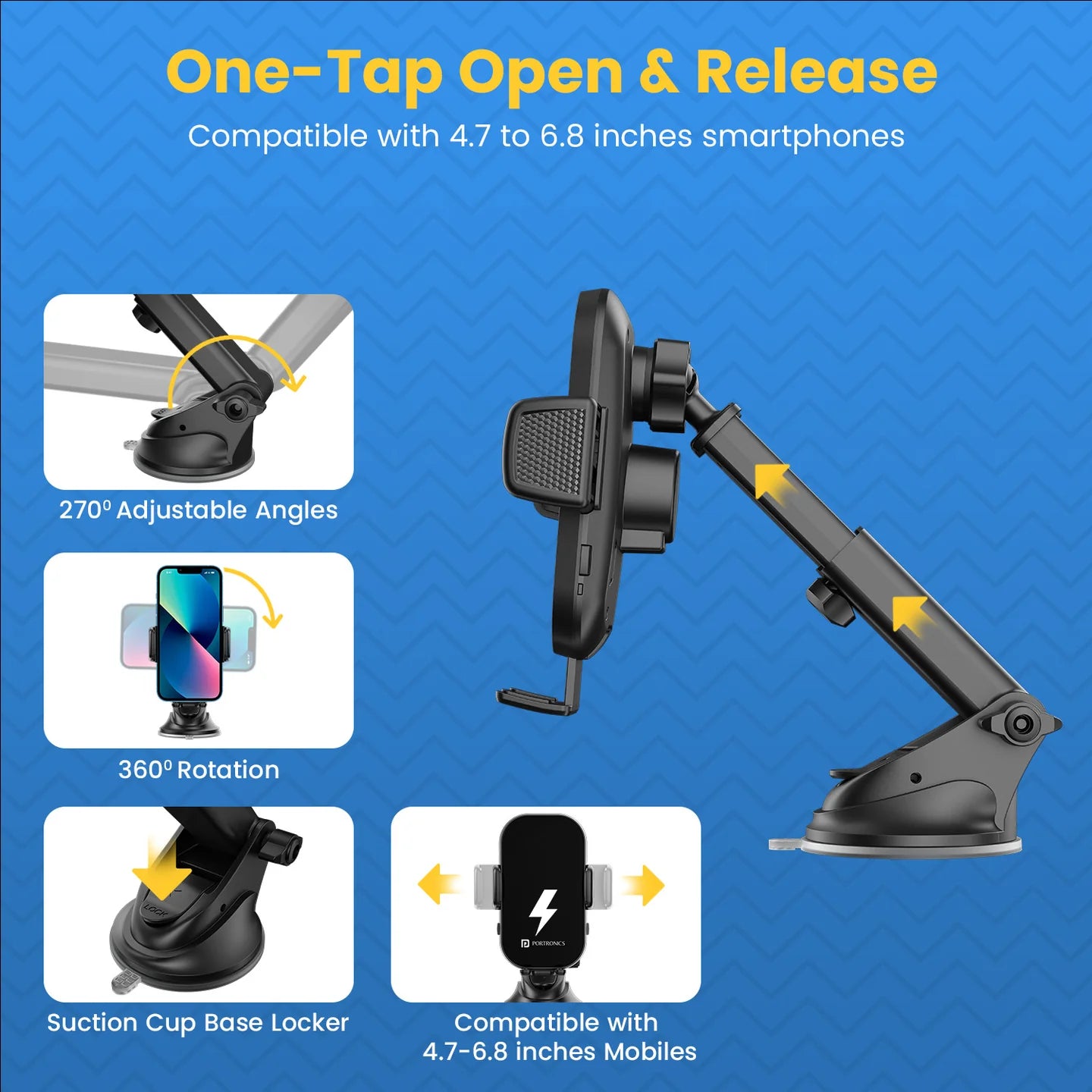 PORTRONICS Charge Clamp 3 15w Mobile Holder with Wireless Charging | 15-Watt Qi Charging | Type-C Input | LED display light | Sturdy & Secure Grip