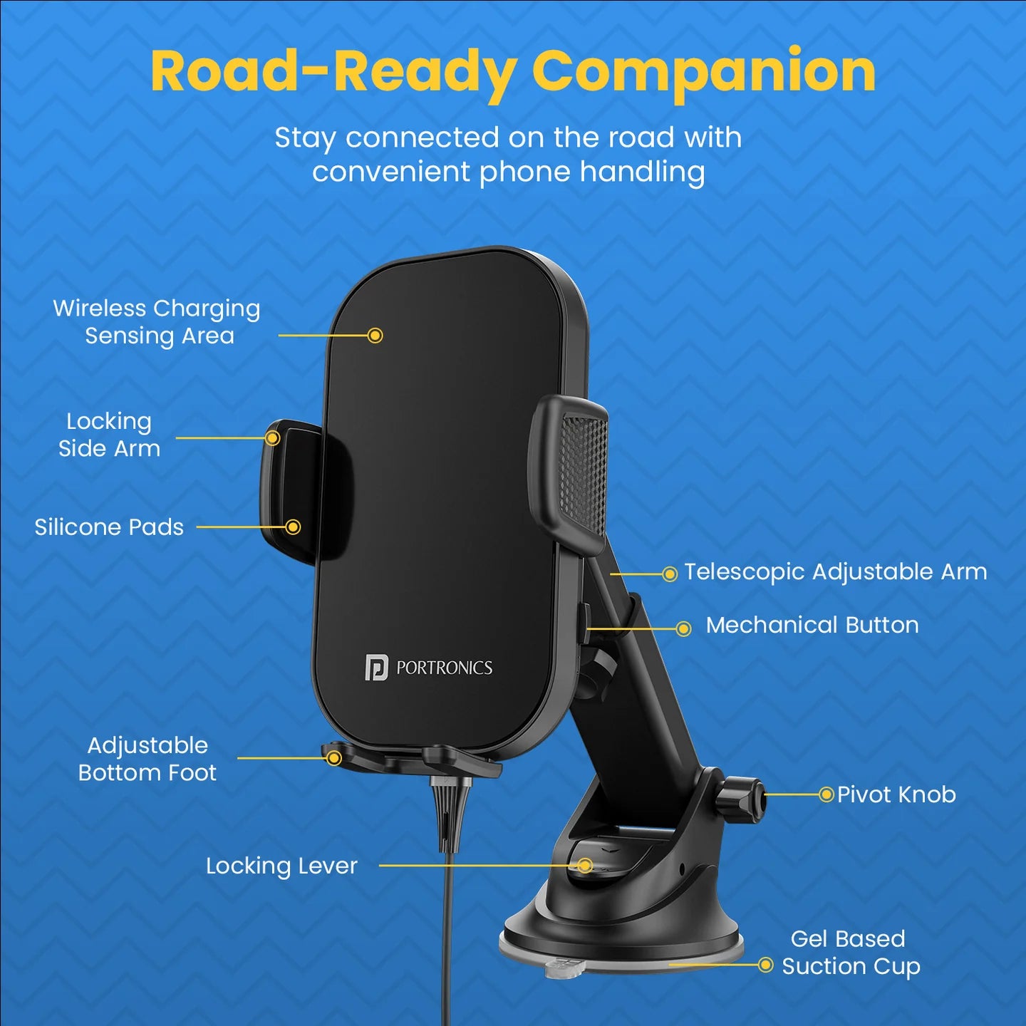 PORTRONICS Charge Clamp 3 15w Mobile Holder with Wireless Charging | 15-Watt Qi Charging | Type-C Input | LED display light | Sturdy & Secure Grip