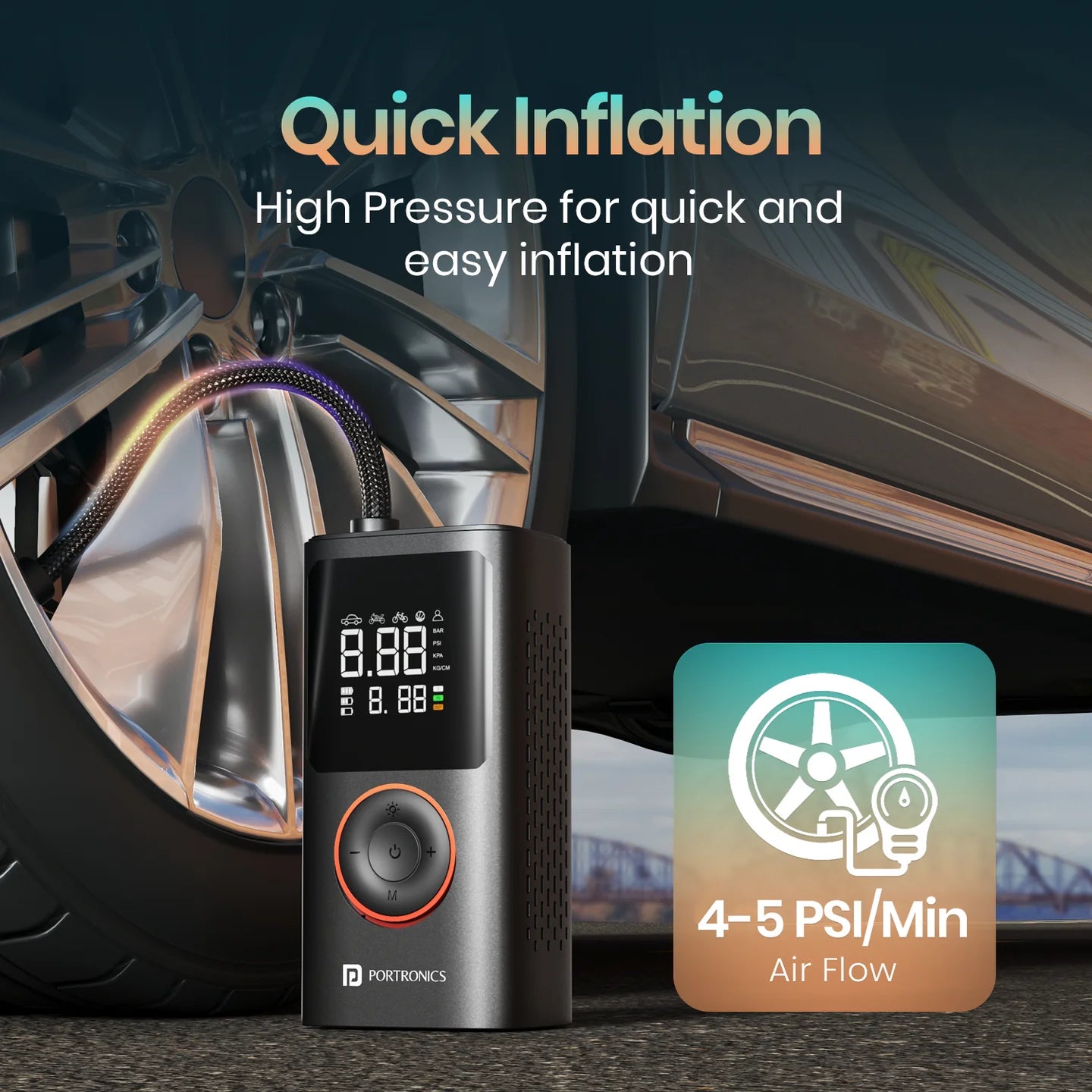 PORTRONICS Vayu Portable Tyre Inflator | Pre-set Inflation Modes | Digital Display | Dual Power Source | 2 x 2000 mAh Battery