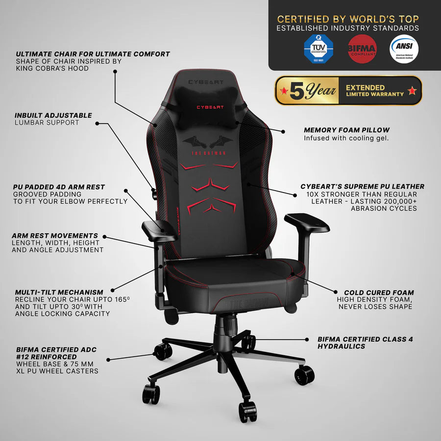 CYBEART The Batman Gaming Office Chair - DC Comics 4D Armrest Inbuilt Lumbar Support Supreme PU Leather, Ergonomic, Recline & Tilt
