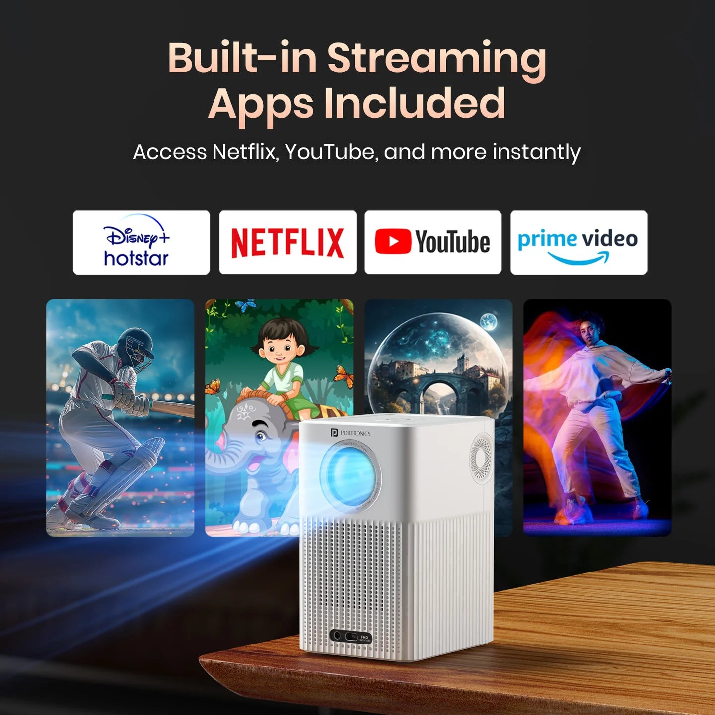 PORTRONICS Beem 500 Smart LED Projector | 1080p FHD Native | Voice-enabled Remote | 6700 Lumens | 16W Speakers - | Buy Online at Shwetha Computers