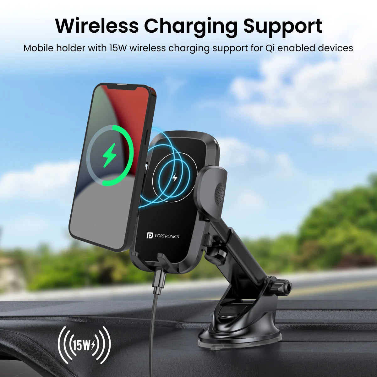 PORTRONICS Charge Clamp 2 Mobile Holder with Wireless Charging | Type-C | 360 Rotation | Sturdy Build | LED Display |