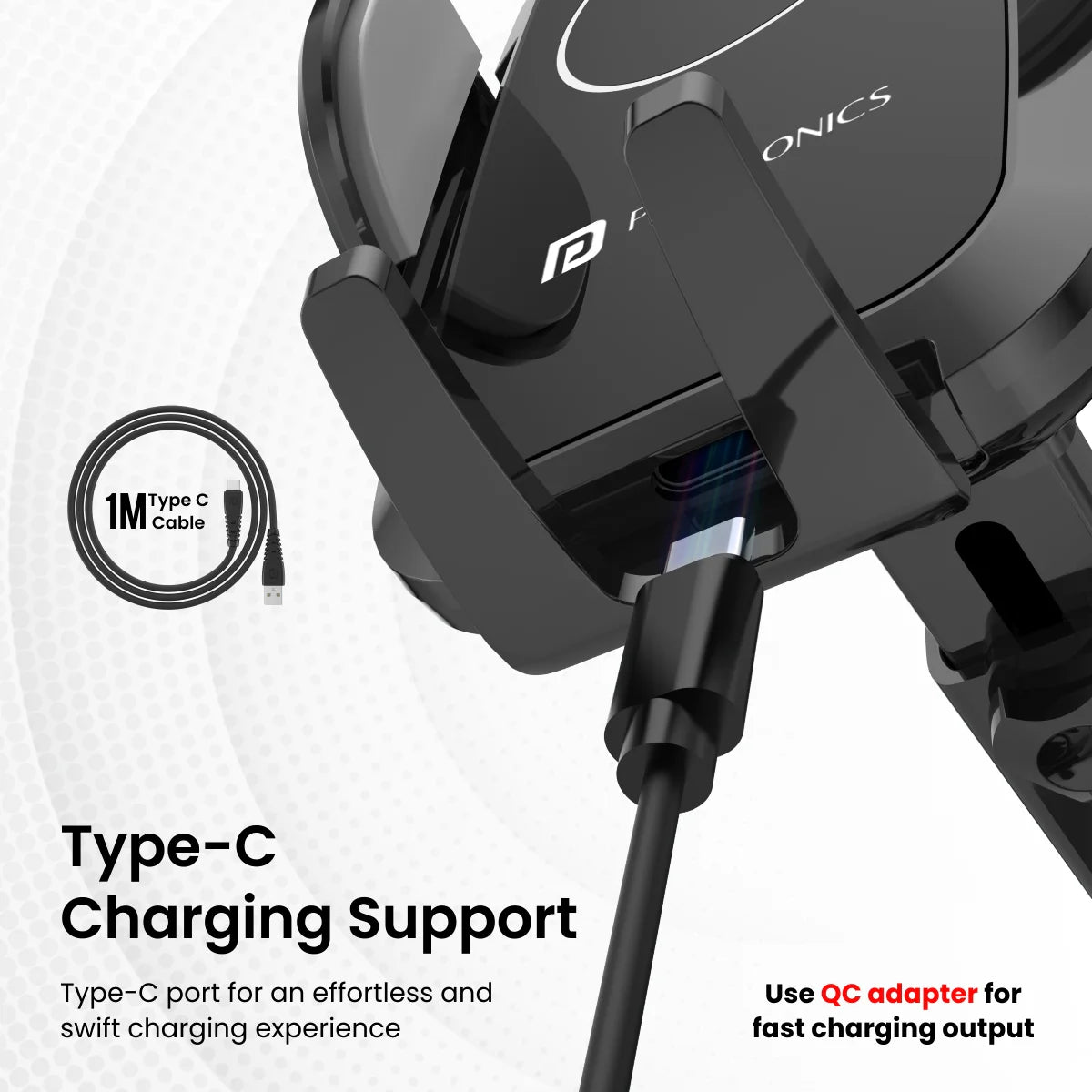 PORTRONICS Charge Clamp 2 Mobile Holder with Wireless Charging | Type-C | 360 Rotation | Sturdy Build | LED Display |