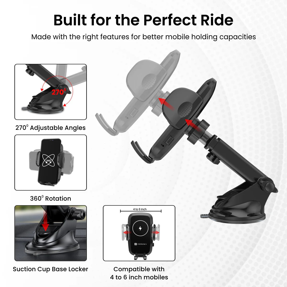 PORTRONICS Charge Clamp 2 Mobile Holder with Wireless Charging | Type-C | 360 Rotation | Sturdy Build | LED Display |
