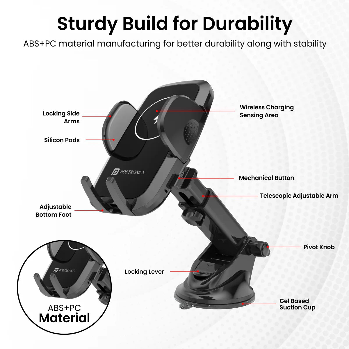 PORTRONICS Charge Clamp 2 Mobile Holder with Wireless Charging | Type-C | 360 Rotation | Sturdy Build | LED Display |