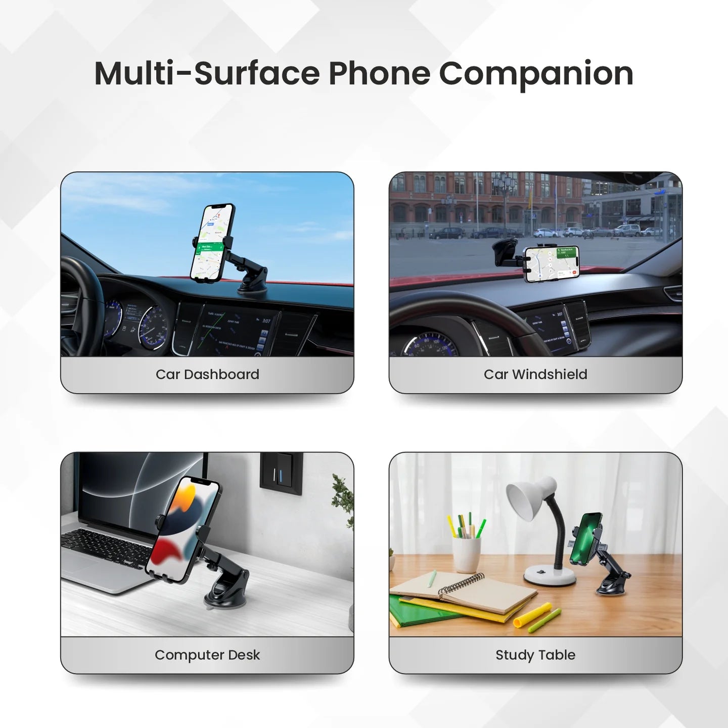 PORTRONICS Clamp M3 Mobile Phone Holder | Adjustable Height | 360° Rotation | ABS Build | Suction Cup Mount