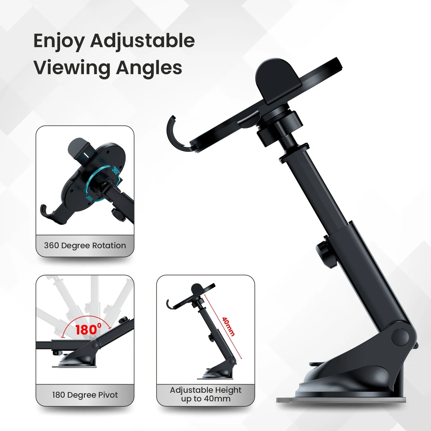 PORTRONICS Clamp M3 Mobile Phone Holder | Adjustable Height | 360° Rotation | ABS Build | Suction Cup Mount