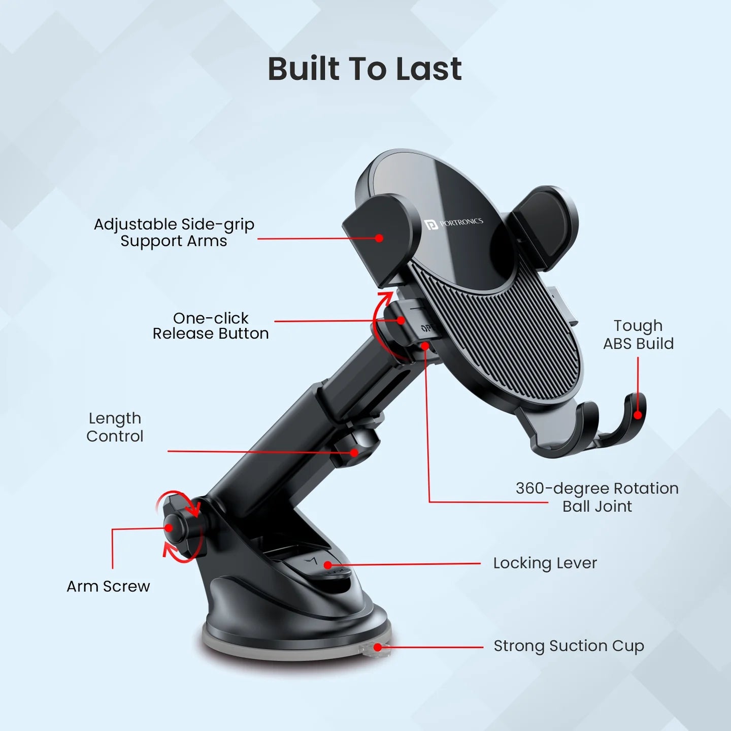 PORTRONICS Clamp M3 Mobile Phone Holder | Adjustable Height | 360° Rotation | ABS Build | Suction Cup Mount