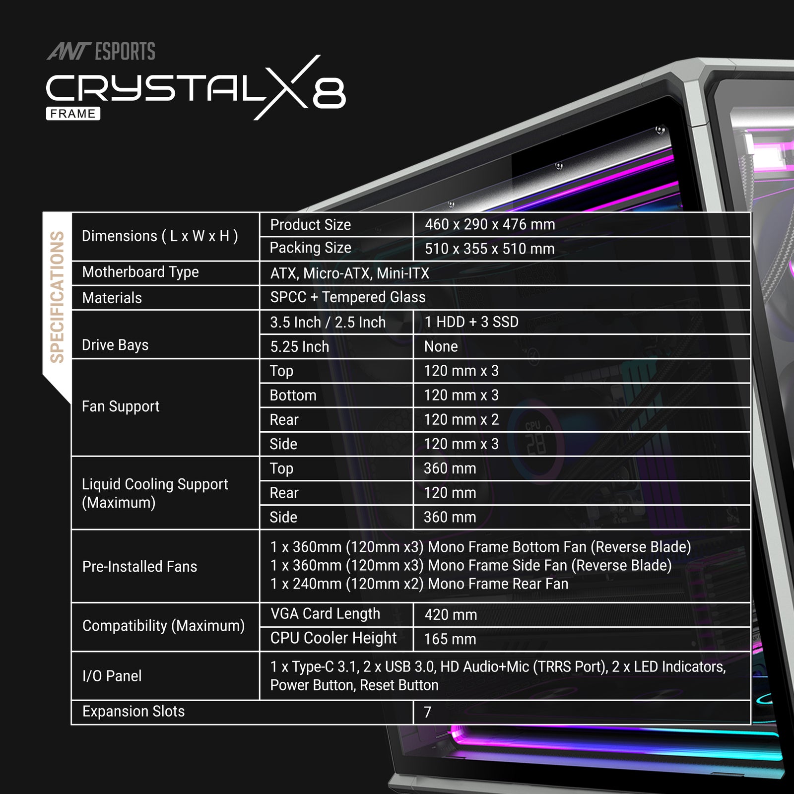 Ant Esports Crystal X8 Frame Exoskeleton Gaming Cabinet/Case