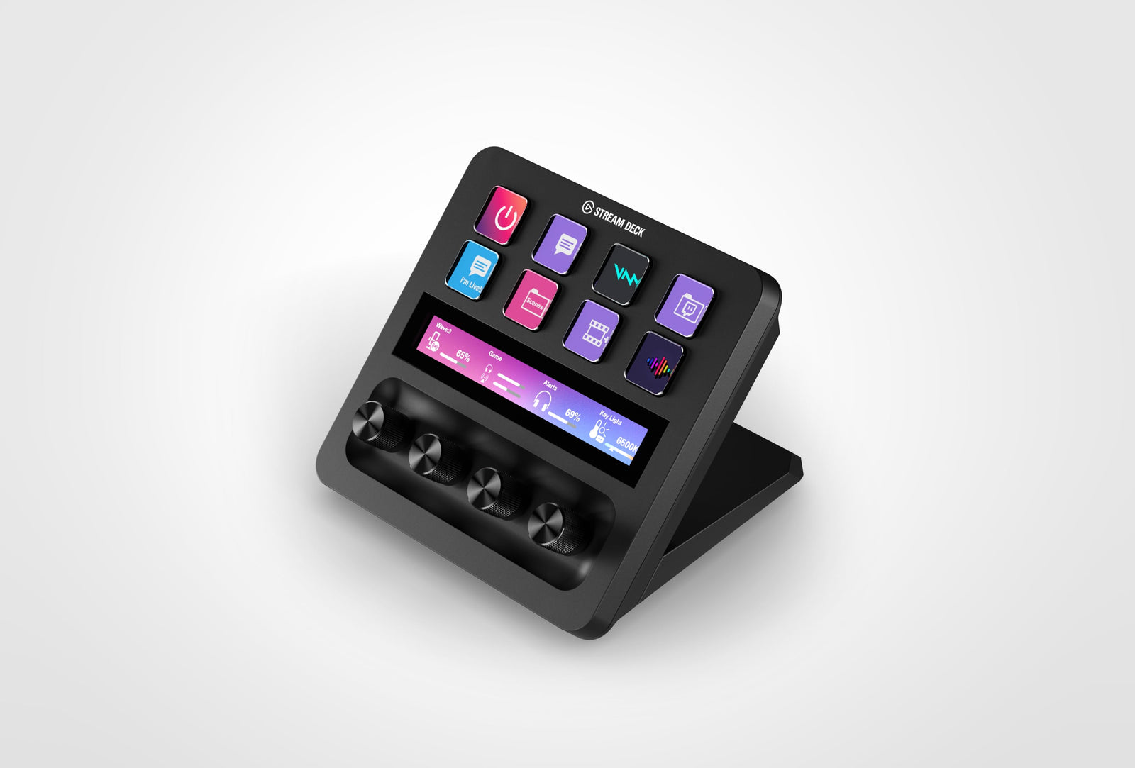 Elgato Stream Deck tech with customizable LCD keys, dials, and touch strip