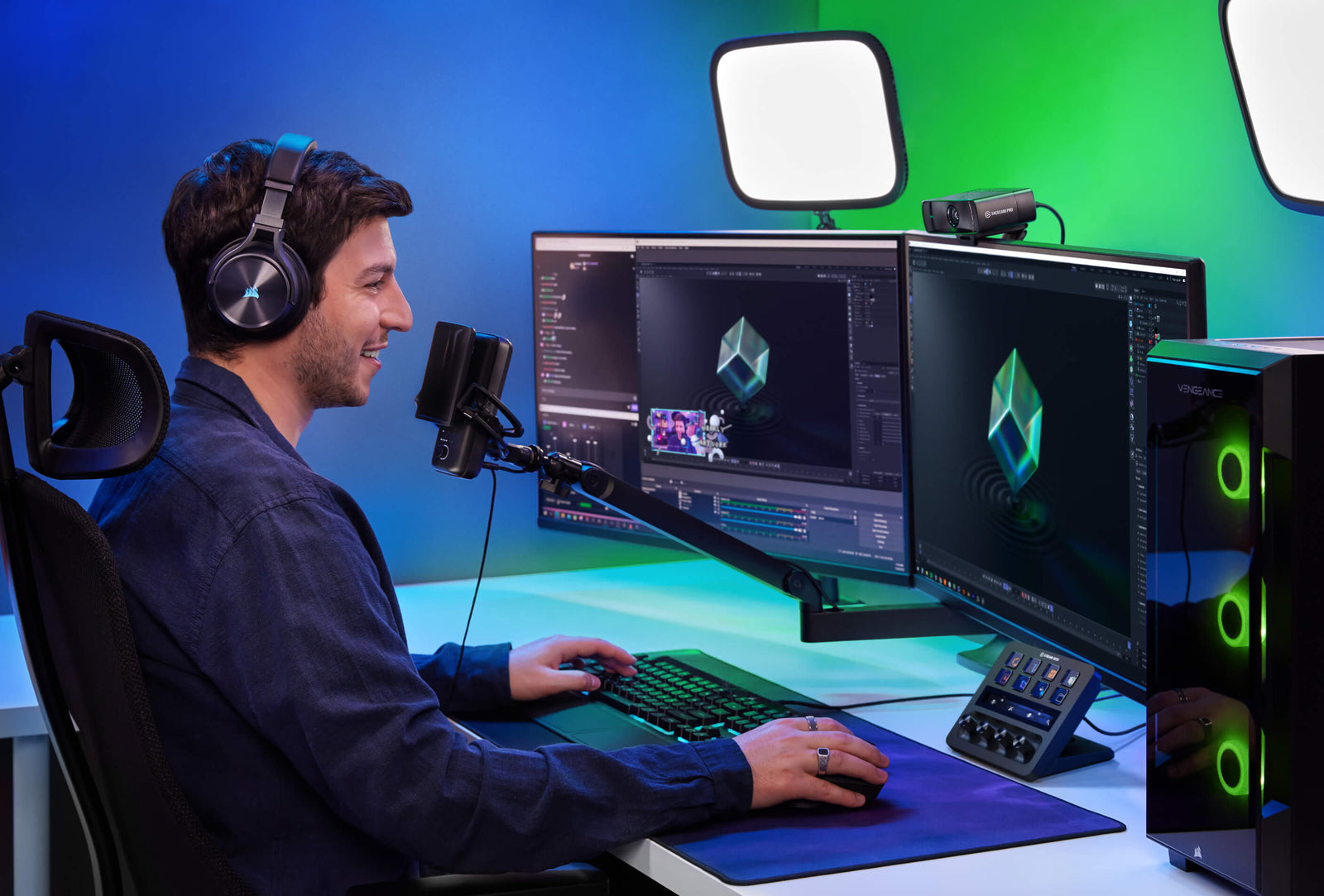 Elgato Stream Deck tech with customizable LCD keys, dials, and touch strip