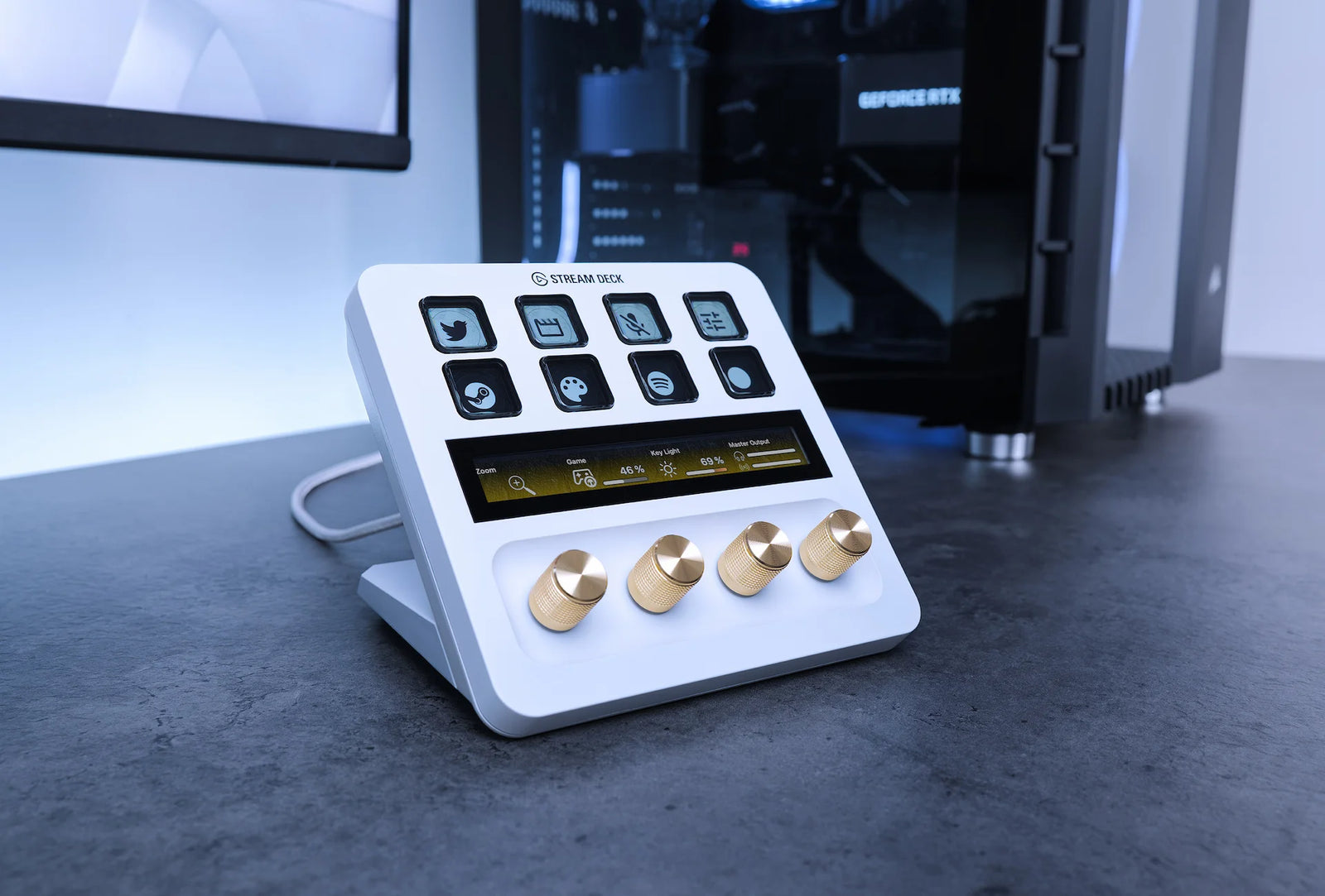 Elgato Stream Deck tech with customizable LCD keys, dials, and touch strip