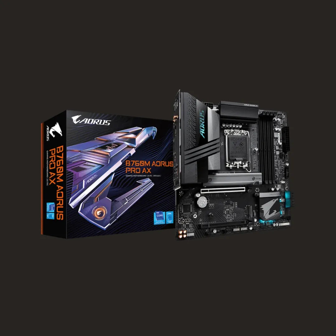 Gigabyte B760M AORUS PRO AX DDR5 Micro ATX Motherboard, LGA1700 Socket, PCIe 4.0, WIFI 6E, Bluetooth 5.3, Realtek Audio, Intel LAN, USB 3.2 Gen 2, Supports Windows 11