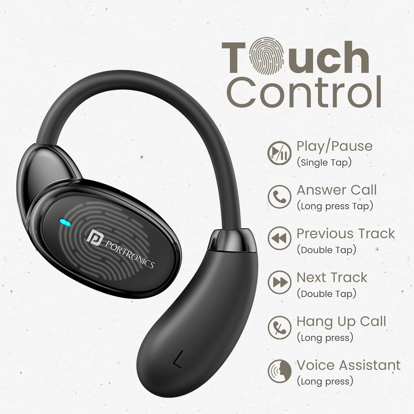 PORTRONICS Harmonics Twins 31 | Touch Control | Bluetooth 5.4V | Secure Ear Fit| Type C Fast Charging