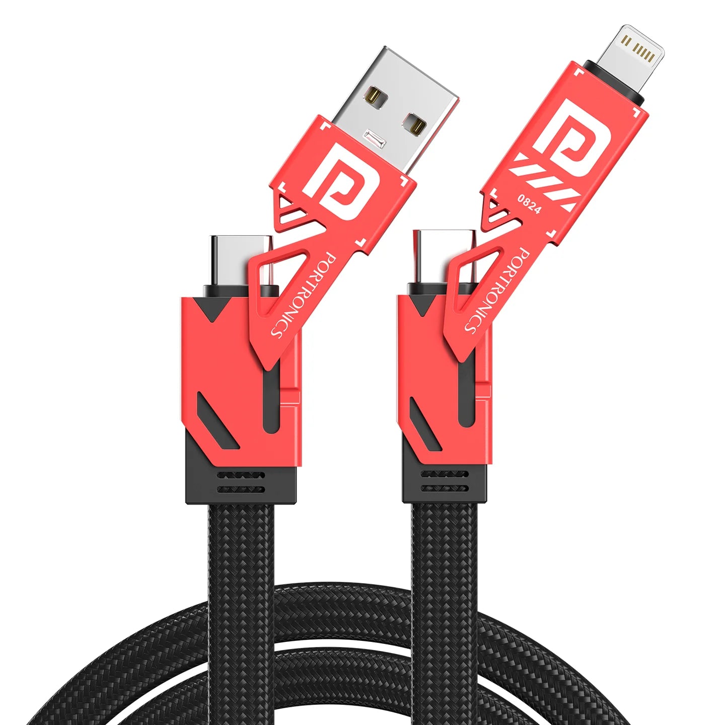 PORTRONICS Pro Charge 4 4 In 1Multi Functional Cable | Zinc Metal Alloy Head | 60W Max Out Output | Tangle Free Flat Cable | Strong Braided Cable