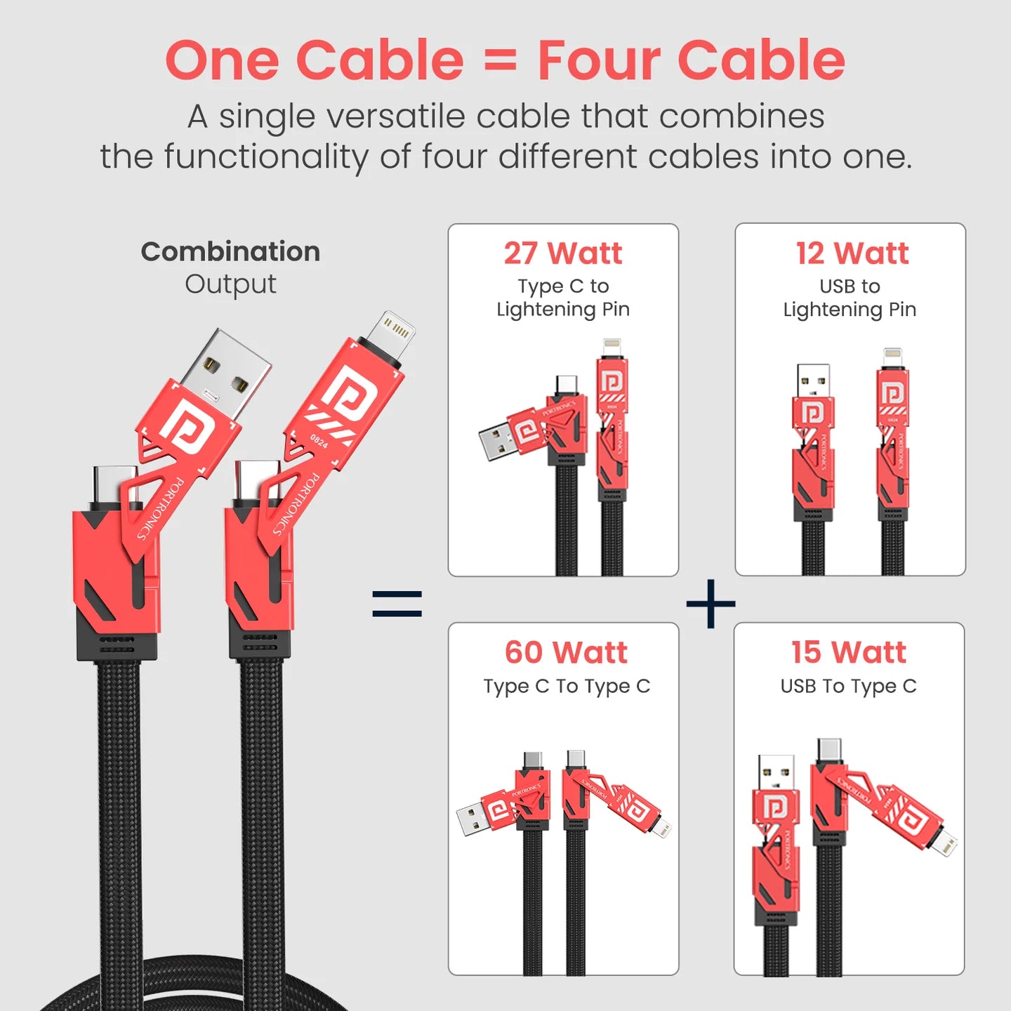 PORTRONICS Pro Charge 4 4 In 1Multi Functional Cable | Zinc Metal Alloy Head | 60W Max Out Output | Tangle Free Flat Cable | Strong Braided Cable