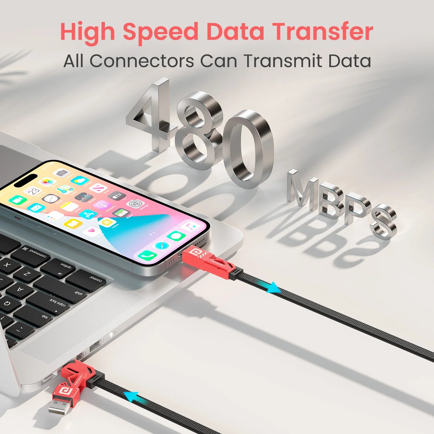 PORTRONICS Pro Charge 4 4 In 1Multi Functional Cable | Zinc Metal Alloy Head | 60W Max Out Output | Tangle Free Flat Cable | Strong Braided Cable