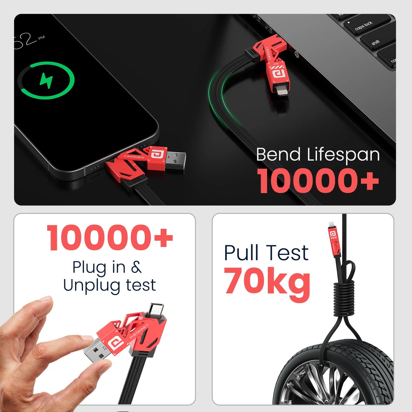 PORTRONICS Pro Charge 4 4 In 1Multi Functional Cable | Zinc Metal Alloy Head | 60W Max Out Output | Tangle Free Flat Cable | Strong Braided Cable
