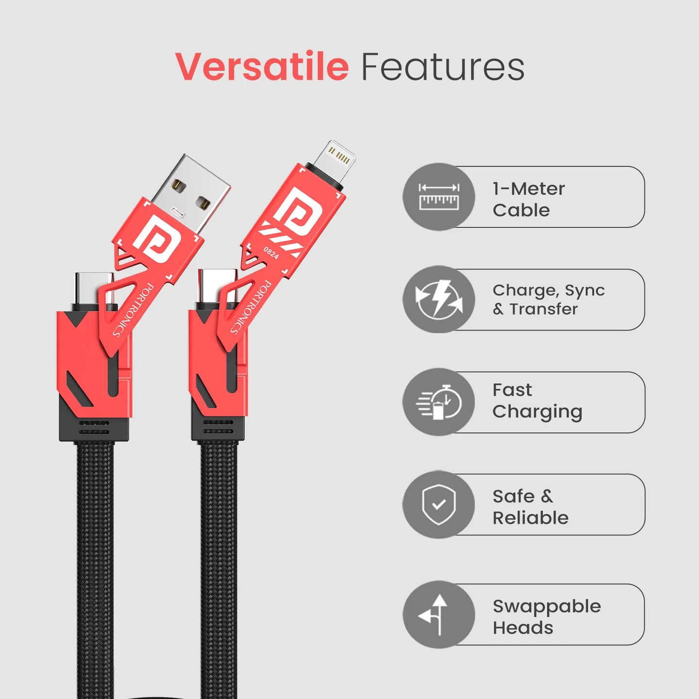 PORTRONICS Pro Charge 4 4 In 1Multi Functional Cable | Zinc Metal Alloy Head | 60W Max Out Output | Tangle Free Flat Cable | Strong Braided Cable