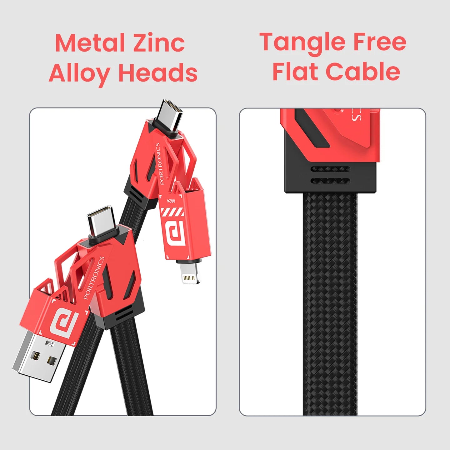 PORTRONICS Pro Charge 4 4 In 1Multi Functional Cable | Zinc Metal Alloy Head | 60W Max Out Output | Tangle Free Flat Cable | Strong Braided Cable