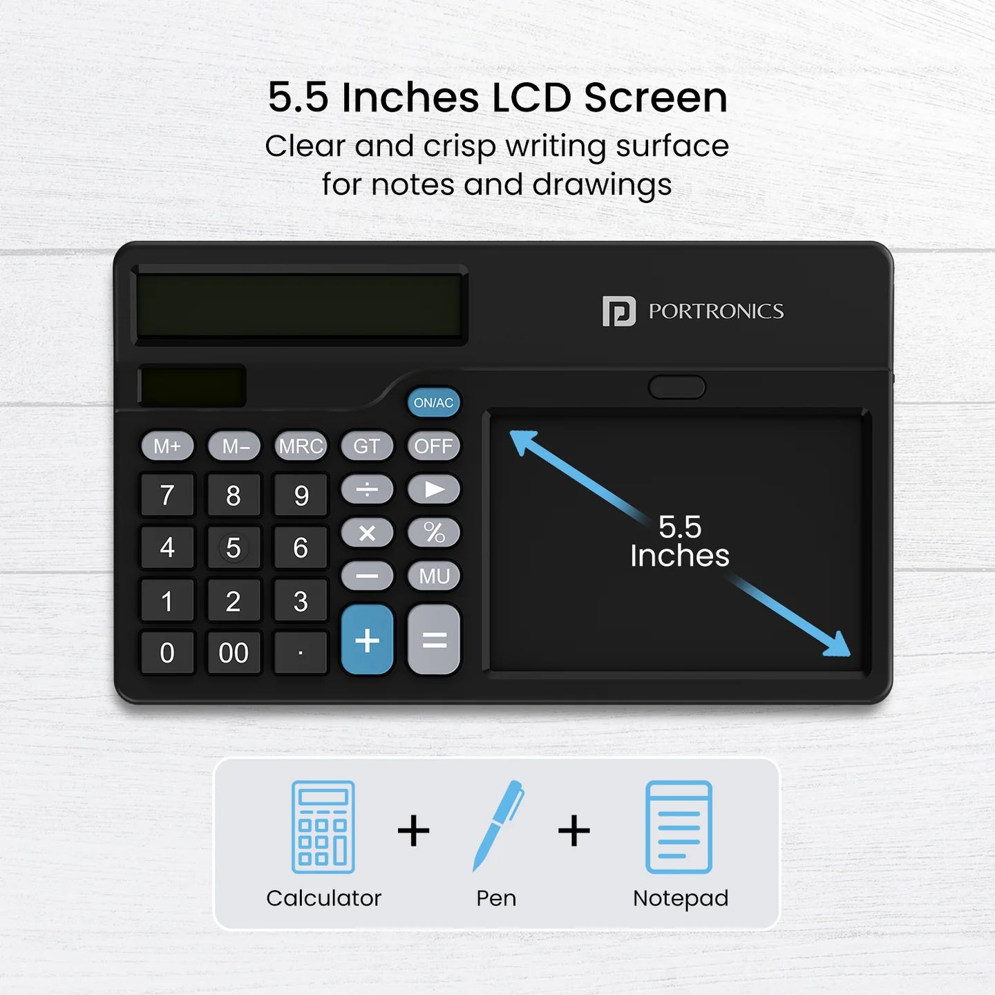 PORTRONICS Ruffpad Calc 2 2-in-1 Calculator & LCD Writing Pad | 5.5 Inches Screen | 12 Digits Layout | Screen Lock | Erase Button - | Buy Online at Shwetha Computers