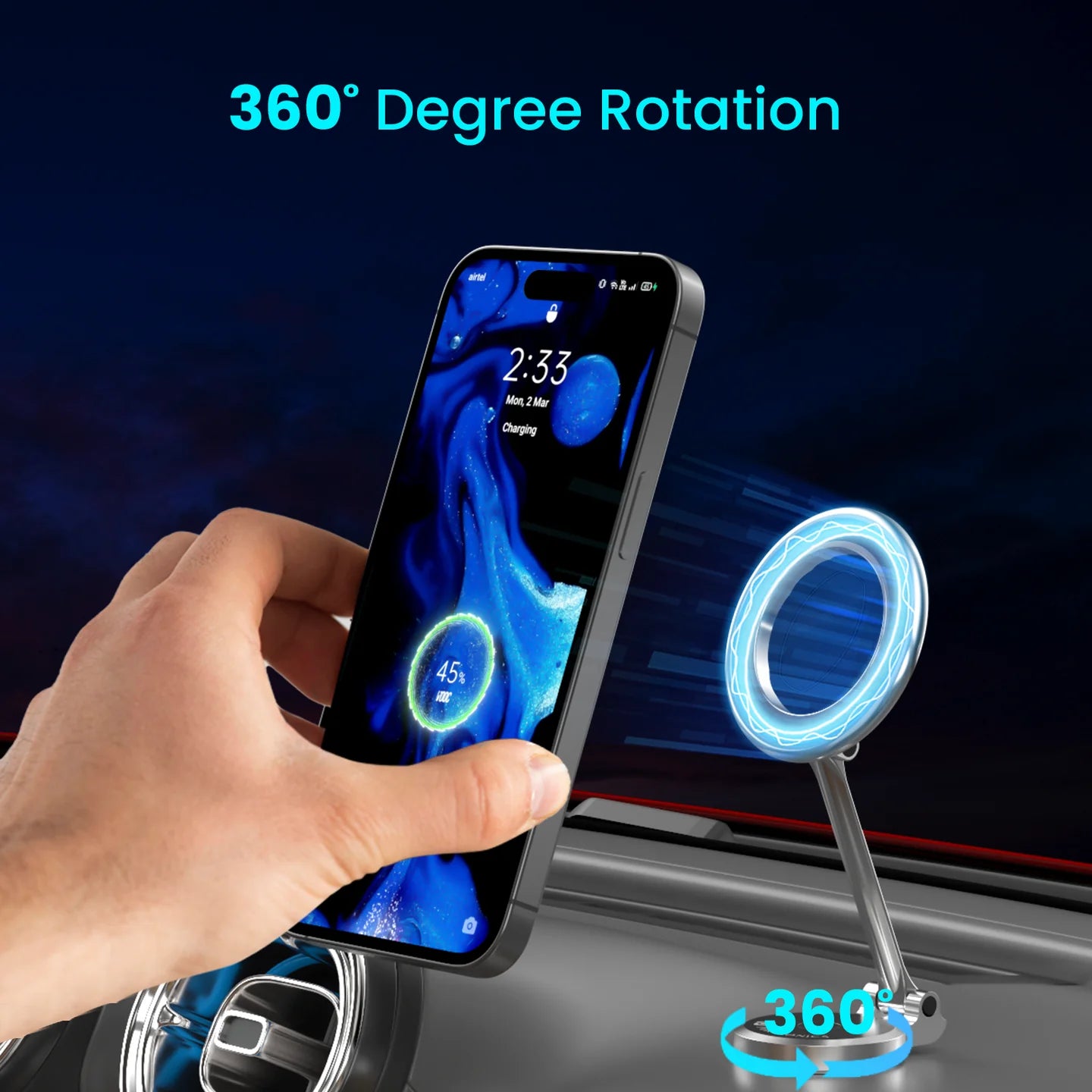 PORTRONICS Mogun 3 Premium 360 Rotation Magnetic Mobile Holder | Easy Installation | Uninterrupted Air Flow | Wide Compatibility | Strong Magnet