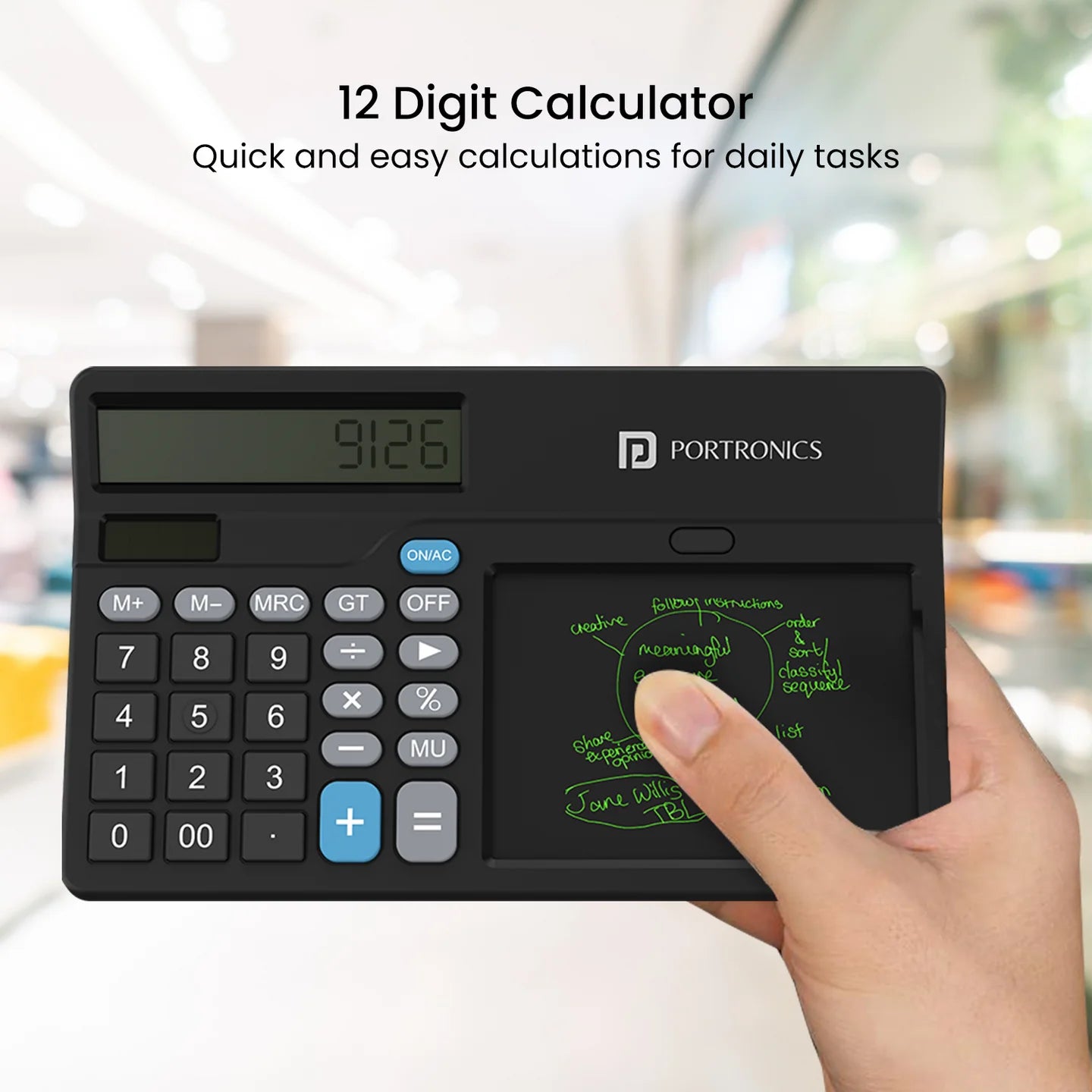 PORTRONICS Ruffpad Calc 2 2-in-1 Calculator & LCD Writing Pad | 5.5 Inches Screen | 12 Digits Layout | Screen Lock | Erase Button - | Buy Online at Shwetha Computers
