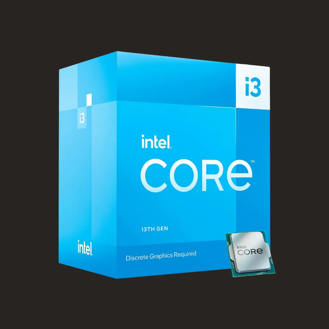 Intel Core i3-13100F processor box and chip for gaming and multitasking with 4 cores, 8 threads, up to 4.5 GHz, no integrated GPU, supports DDR5 and DDR4 memory.