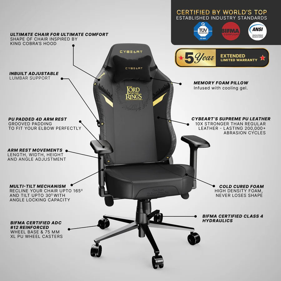 CYBEART Lord of the Rings Blacked Edition Gaming Office Chair 4D Armrest Inbuilt Lumbar Support Supreme PU Leather, Ergonomic, Recline & Tilt