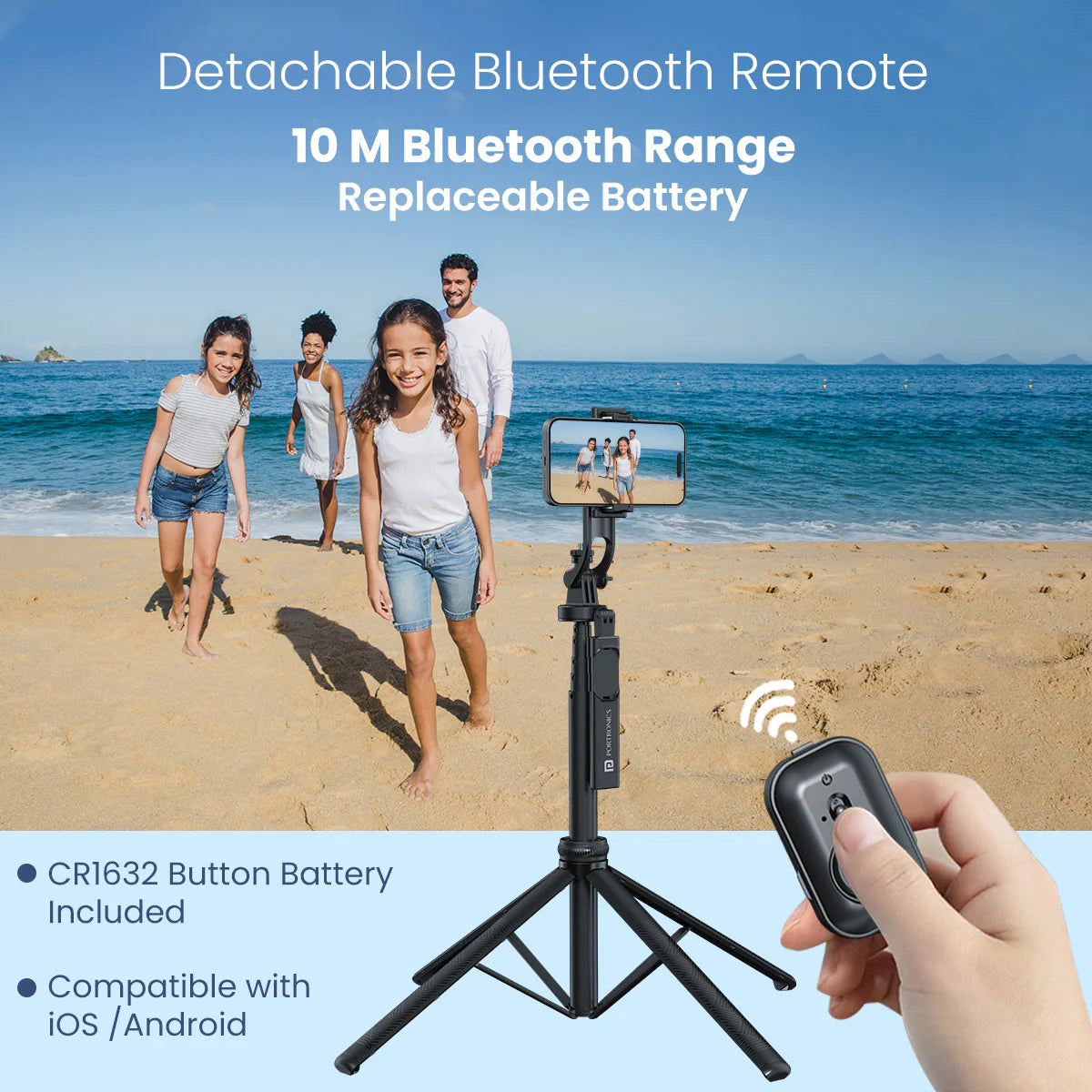PORTRONICS Lumistick 2 Smart Selfie Stick with Adjustable 4 Legs | Bluetooth Remote Control | 360° Angular Adjustment