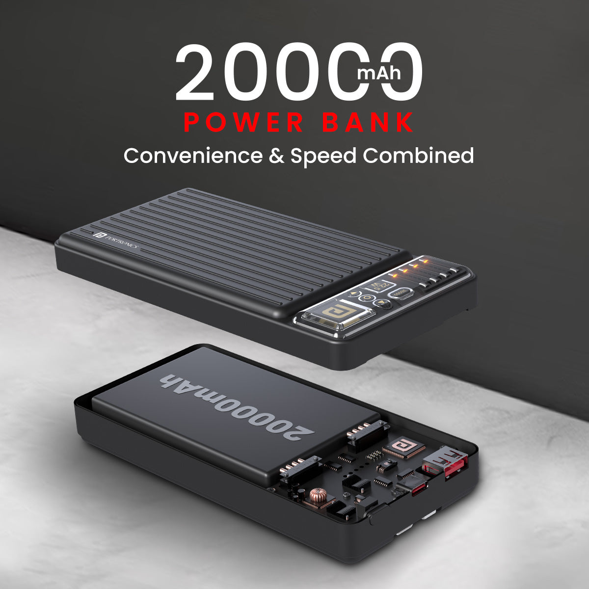 PORTRONICS Luxcell Bind 20K Powerbank | LED Indicator |In Built Charging Cable |Dual Output |Wake Up Button