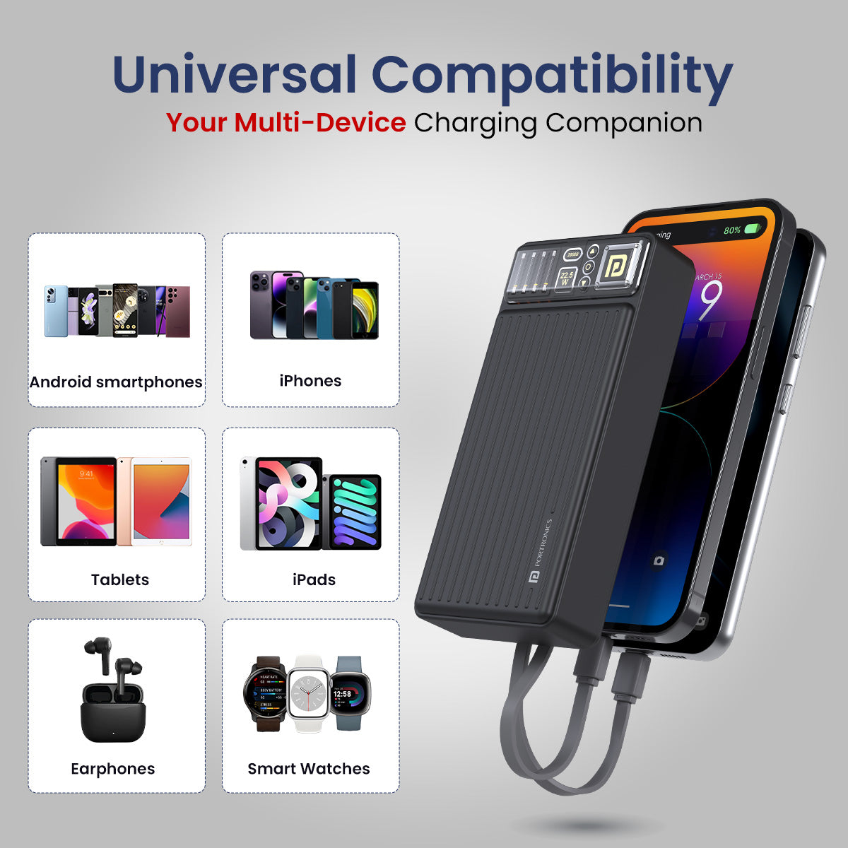 PORTRONICS Luxcell Bind 20K Powerbank | LED Indicator |In Built Charging Cable |Dual Output |Wake Up Button