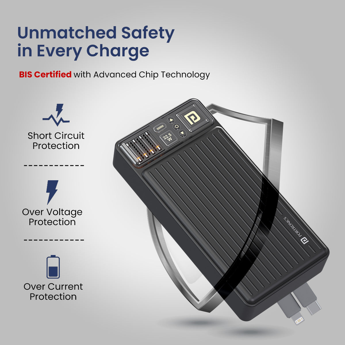PORTRONICS Luxcell Bind 20K Powerbank | LED Indicator |In Built Charging Cable |Dual Output |Wake Up Button