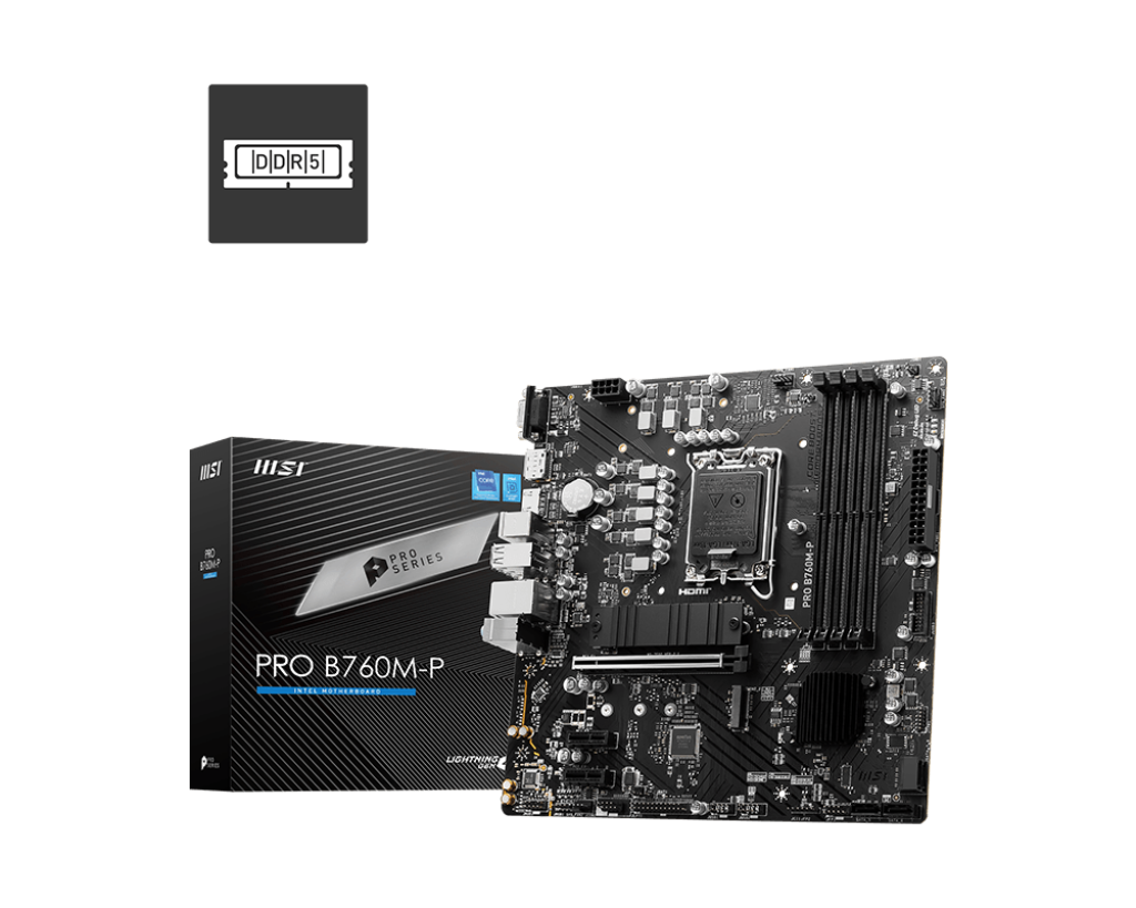 MSI PRO B760M-P Motherboard - INTEL B760 Chipset, LGA 1700, DDR5 6800+(OC) Memory Support, PCIe 4.0, RAID Support, Realtek RTL8111H Gigabit LAN, Realtek ALC897 Codec Audio, mATX Size