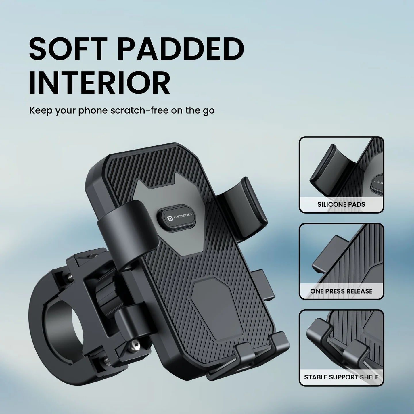 PORTRONICS Mobike 4 Bike Phone Mount | One-Press Lock | 360° Rotation | Bike Phone Holder | Handlebar Mount