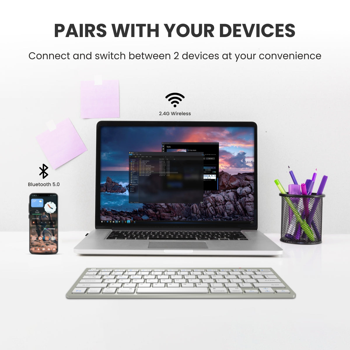 PORTRONICS Bubble Max Sleek Wireless Keyboard with Silent Keys | Bluetooth | 2.4 GHz Receiver | Connect 3 Devices | Wireless Keyboard
