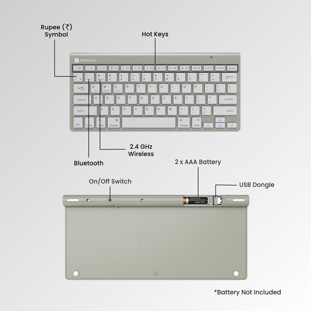 PORTRONICS Bubble Max Sleek Wireless Keyboard with Silent Keys | Bluetooth | 2.4 GHz Receiver | Connect 3 Devices | Wireless Keyboard
