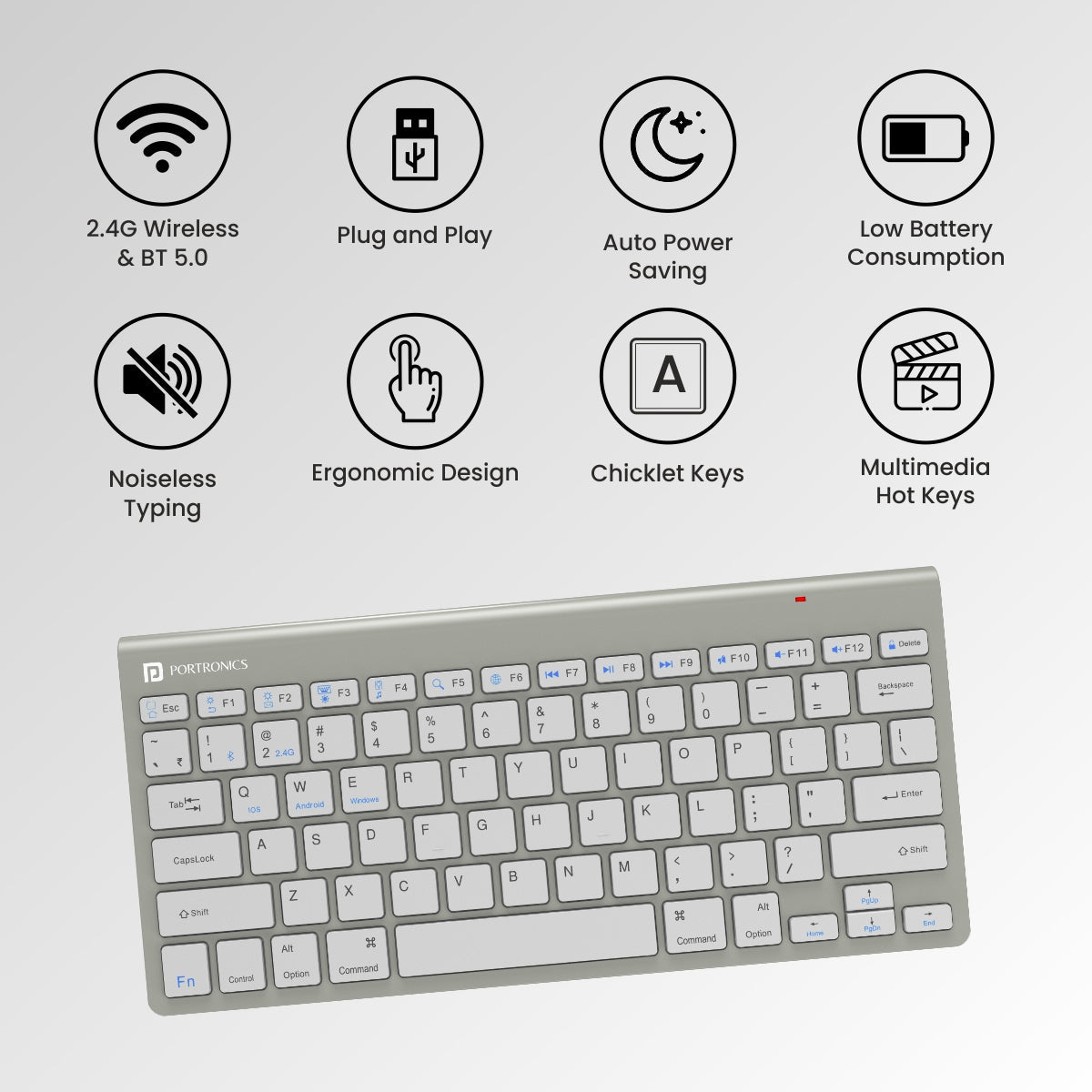 PORTRONICS Bubble Max Sleek Wireless Keyboard with Silent Keys | Bluetooth | 2.4 GHz Receiver | Connect 3 Devices | Wireless Keyboard