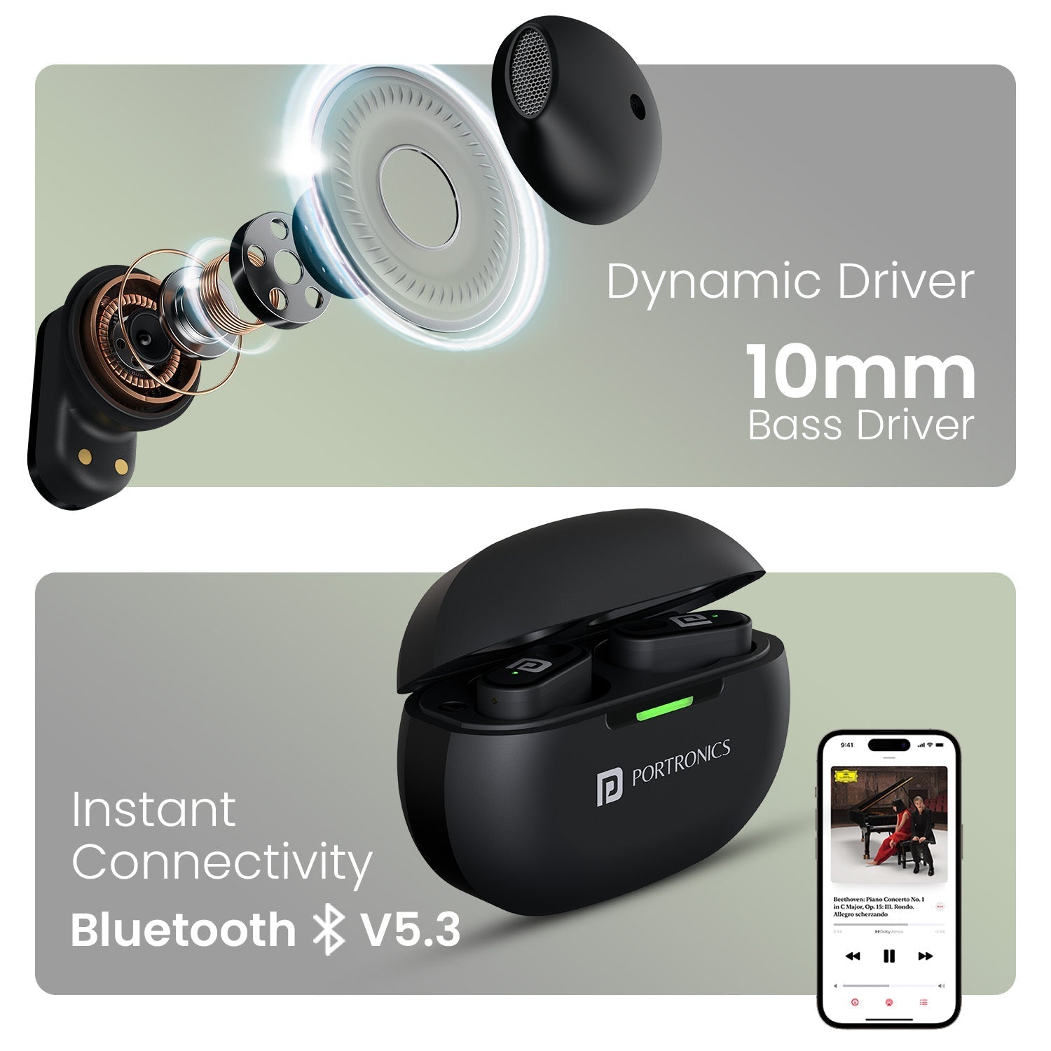 PORTRONICS Harmonics Twins S17 | Ergonomic Light Design | Game/Music Mode |10mm Dynamic Driver | Type C Fast Charging