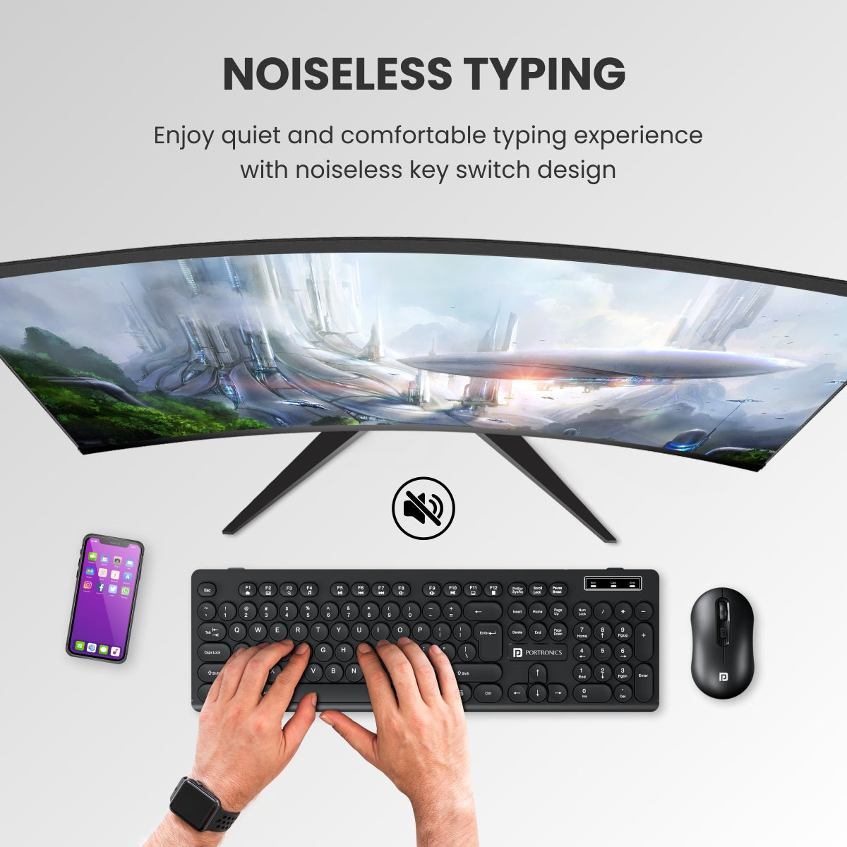 PORTRONICS Key 6 Combo Wireless Keyboard & Mouse | 2.4 GHz Wireless | Adjustable DPI Mouse | Full-Layout Keyboard | Round Keycaps