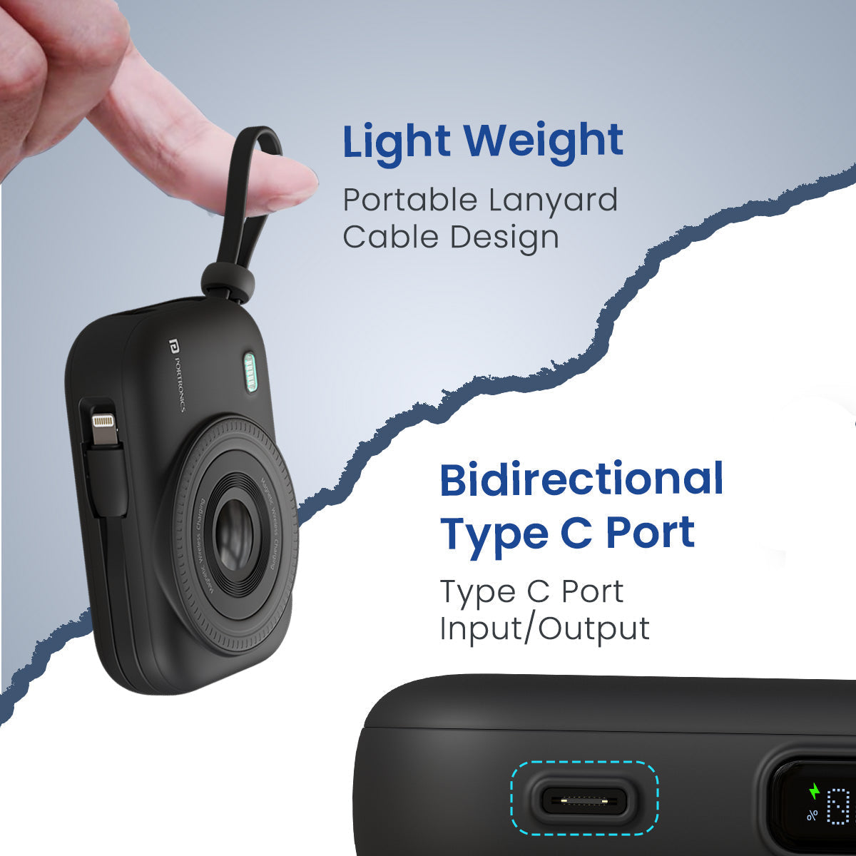 PORTRONICS Power Shutter Powerbank | 15W Wireless Charging | 22.5W Type C PD Output | In Built Type C & 8 Pin Cable | LED Display
