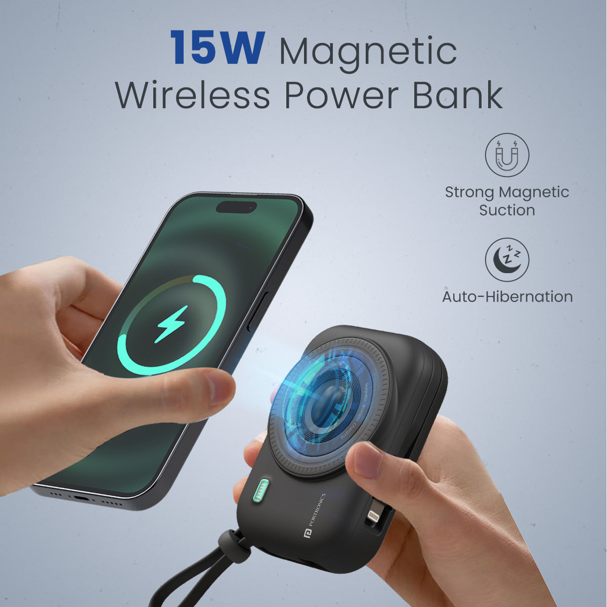 PORTRONICS Power Shutter Powerbank | 15W Wireless Charging | 22.5W Type C PD Output | In Built Type C & 8 Pin Cable | LED Display